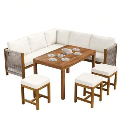 Garden Dining Set, Garden Furniture Set With Cushions, Corner Sofa, Polyrattan Lounge Set, Balcony Set, Outdoor Table And Chairs Set For 7-8 People, With Sofa, 3 Stools And 1 Table, Acacia, Beige And Natural