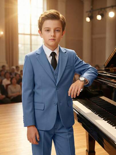 4 pezzi Set Completo Abito da Ragazzo, Tuxedo Elegante per Bambini, Outfit da Paggetto per Matrimonio Incluso Giacca, Gilet, Pantaloni e Cravatta, Adatto per Bambini, Disponibile in Blu e Grigio, Taglia 6-16 Anni