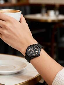 Fossil 男士多功能腕表，黑色真皮表带，黑色离子镀表壳，玫瑰金罗马数字表盘，日期显示，24小时子表盘，石英模拟机芯，奢华风格，商务正装经典黑色时尚礼品 - 黑色 - 查看 3