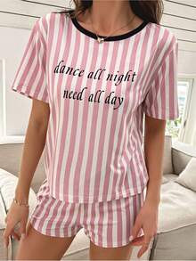 2pcs Casual Striped Letter Print Short Sleeve Top And Shorts Pajama Set For Women - Pink - View 5