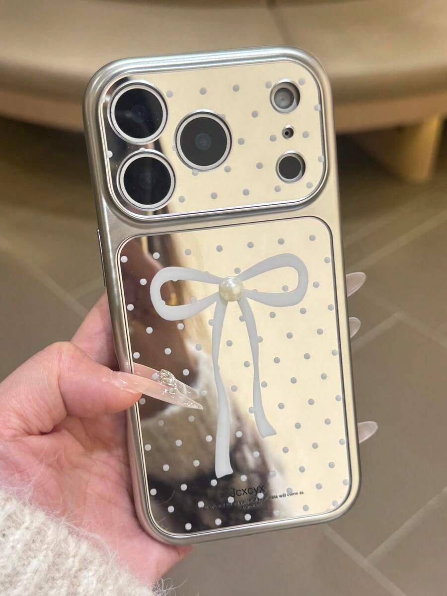 3D珍珠全屏波点蝴蝶结镜面手机壳，兼容 17 Pro Max、16 Pro Max、15 Pro Max、14 Pro Max、17，全包式镜头保护，夏季大窗口银色后盖