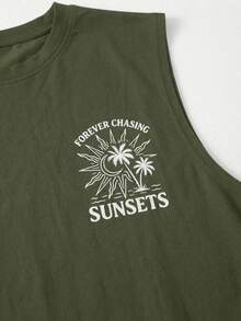 Fractyr Men's Casual Sports Outdoor Vest | Minimalist Palm Tree, Sun And Letter Print | Exquisite Design | Essential For Summer | Multifunctional And Easy To Wear | Perfect Gift For Friends | Showcase Unique Personalized - Army Green - View 7