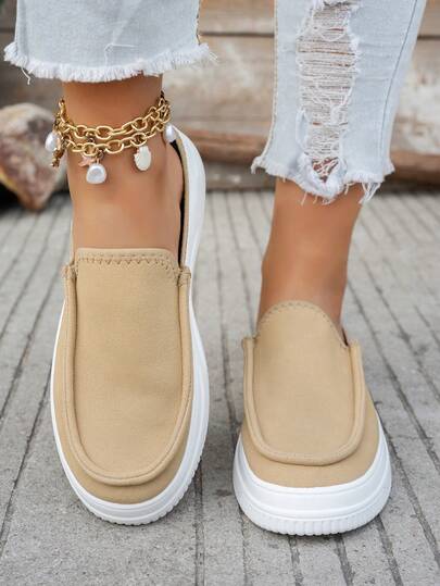 Women's Loafers Mules Casual Vacation Slip-On Flats, Solid Color Pattern Versatile Lightweight Comfortable Round Toe, Indoor & Outdoor