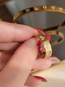 1/2pcs Stainless Steel 18K Gold Plated Heart Shaped Bracelet & Ring Set, Rhinestone Inlaid, Luxury Jewelry Wedding Accessories - Gold - View 5