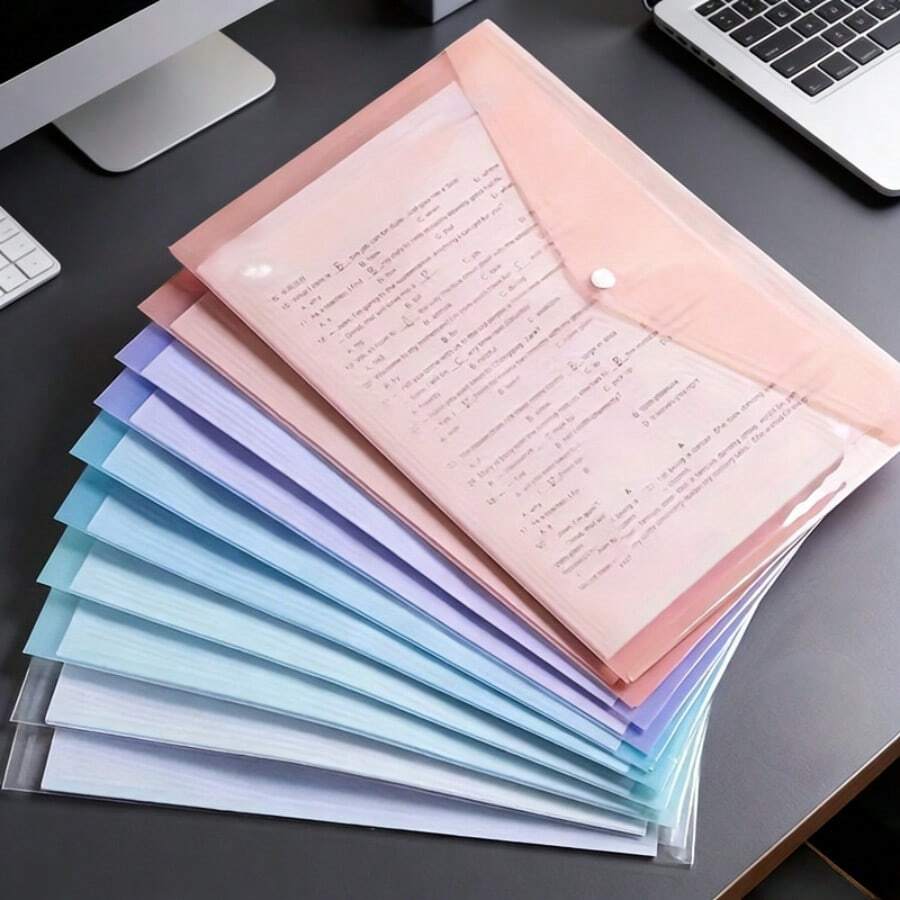 10/8/5pcs A4 Plastic File Folders - Thickened File Bags, Transparent Snap Button Data Student File Storage Bags, A4 File Folders, PP Transparent Plastic Snap Button File Bags, Plastic File Folders, Macaron Color Waterproof Data Bags, Office File Folders | Fashionable File Storage | Waterproof PP Material Suitable For Students And Office Use - Morandi Button Bag - View 1