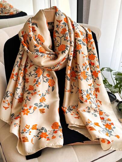 1条女士优雅花卉印花仿丝围巾，春秋季百搭配饰，适合日常搭配、度假、旅行、防晒