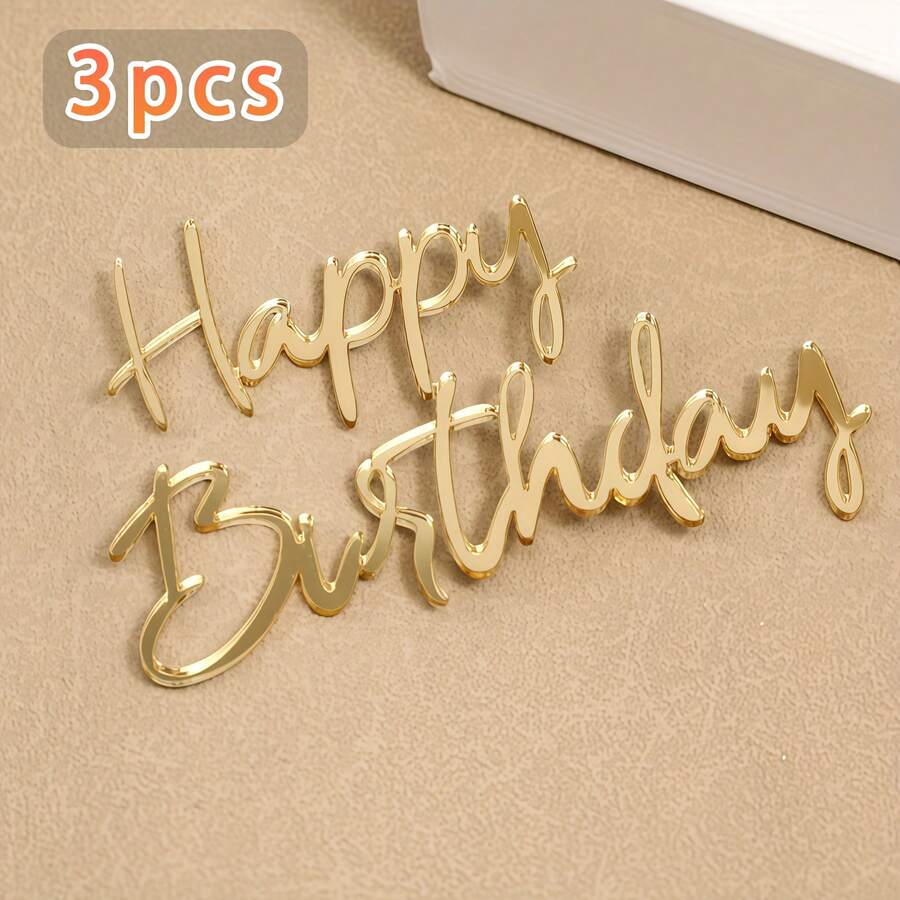 3件套生日快乐蛋糕装饰,金色、银色、玫瑰金亚克力蛋糕插牌,生日快乐蛋糕装饰,现代字母蛋糕插牌,生日派对蛋糕装饰礼品 - 多色 - 查看 1