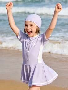 Balabala 少女插肩袖连体泳衣套装（含泳帽），时尚夏季泳装 - 淡紫色 - 查看 5