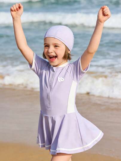 Balabala 少女插肩袖连体泳衣套装（含泳帽），时尚夏季泳装