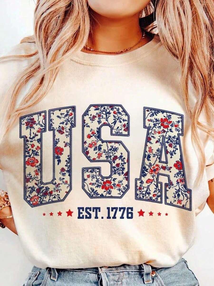 Floral USA Shirt, Retro America Shirt, 4th Of July PNG, 4th Of July, Retro USA ,Soft Cotton, Unisex Fit, Classic Design-Loose-Fit Easy Relaxed Styl - 白色 - 查看 1