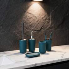 5pcs Minimalist Bathroom Accessory Set / Matte Green Countertop Storage / Toilet Brush + Soap Dispenser + Rinse Cup + Toothbrush Holder + Soap Dish - Dark Green - View 2
