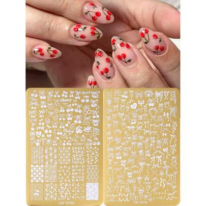 1pc Cute Cherry Bow Knot Gold Nail Art Stamping Plate Ribbon Bow Knot Cherry Fruits Print Summer Big Nail Template Carved Pattern Metal Nail Stencil Kawaii Japanese Style Nail Art Salon Supplies
