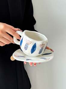 1 pieza Juego de taza y platillo de café con flor de palma azul pintada a mano, taza de cerámica minimalista hecha a mano, taza de cerámica de alta calidad adecuada para leche, café, té de la tarde, regalo - Multicolor - Ver 4