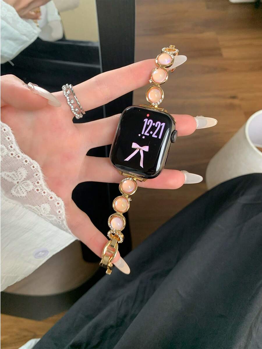 1 dây đeo đồng hồ kim loại nữ, tương thích với Apple Watch 38mm 40mm 41mm 42mm 44mm 45mm 49mm 46mm, dây đeo bằng thép không gỉ, bề mặt sáng bóng, phù hợp với Series 9/8/7/6/5/4/3/2/1 SE - Vàng - Xem 1