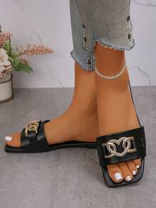 Metal Decor Flat Slippers For Beach & Home - Black - View 4