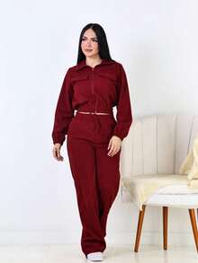 Women's Corduroy Velvet Set With Jacket And Pants - Comfort And Style - 紅木色 - 查看 1