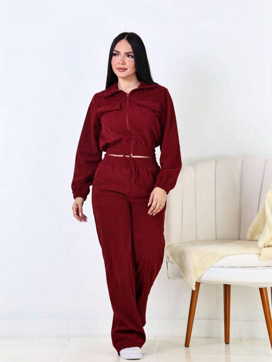 Women's Corduroy Velvet Set With Jacket And Pants - Comfort And Style - 紅木色 - 查看 1
