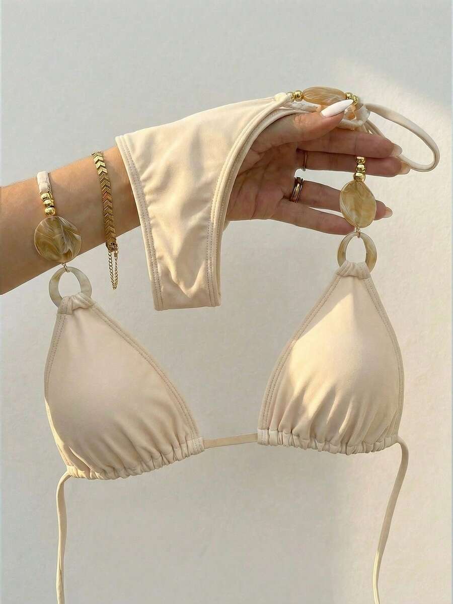 Bikinx Women's Stylish Halter Bikini Set Featuring Lace-Up Backless Design Beaded Ring Accents And Tie Side Bottom Vacation - Apricot - View 1