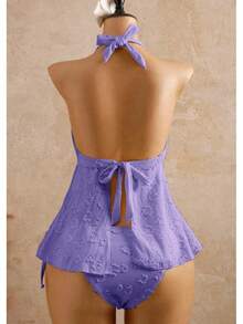 2026 European & American Style Lace Bikini, Halter Tie Ruffle Hem Tummy Control Two Piece Swimsuit For Hot Spring & Beach - Purple - View 2