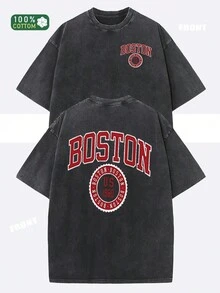 Boston Letters Creative Design Print, High Quality Pattern T-Shirt, Men'S And Women'S Matching T-Shirt, Summer Wear, Crew Neck Top Short Sleeve - Black - View 1