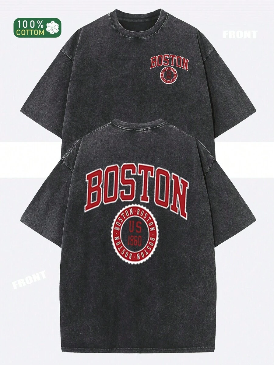 Boston Letters Creative Design Print, High Quality Pattern T-Shirt, Men'S And Women'S Matching T-Shirt, Summer Wear, Crew Neck Top Short Sleeve - Black - View 1
