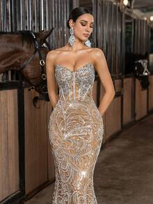 LUVISTRUE Abito da sera elegante e glamour da donna con glitter e strass, stile sirena, per feste, matrimoni, cocktail festa, primavera estate autunno - Champagne - Visualizzare 7