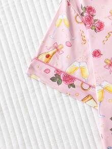 2 pezzi Set pigiama da donna con stampa rosa romantica, in tessuto di seta di qualità, morbido e delicato sulla pelle, camicia con maniche corte e pantaloncini larghi e comodi con bottoni, stile femminile per il pigiama - Rosa - Visualizzare 5