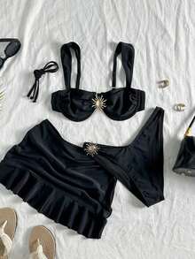 3pcs Solid Color Tankini Swimwear Set, Wide Strap Design With Underwire For Comfortable Support, Fashionable Beach Style, Perfect For Summer Beach And Pool Party Vacation - 黑色 - 查看 4