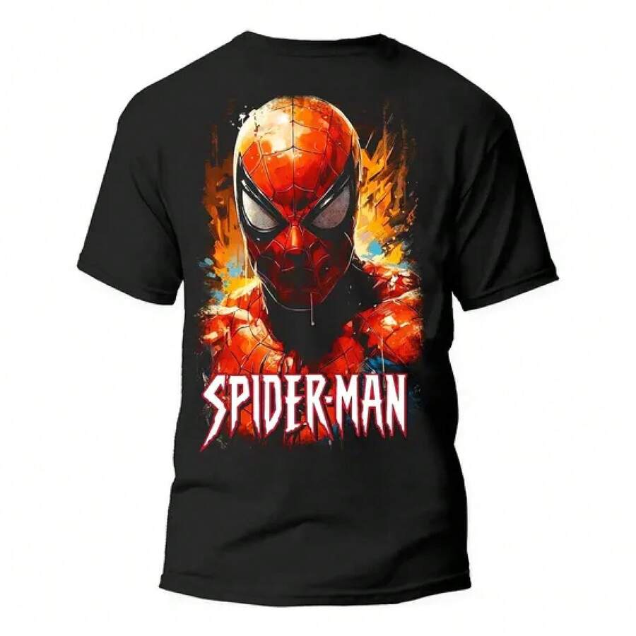 Unique Print Casual T-Shirt Playera Spiderman - Heroes Legendarios 100% Algodón,100% Heavyweight Cotton T-Shirts,Loose Fit Short Sleeve T-Shirt , Breathable Casual Wear For Spring And Summer,1 Piece,Family Matching Outfits, Heart & Slogan Bodybuilding Top Boyfriend Style Casual Wear - Black - View 1