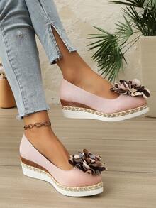 Handmade 3D Floral Wedge Slip-On Shoes, Feminine Nature Style - Pink - View 6