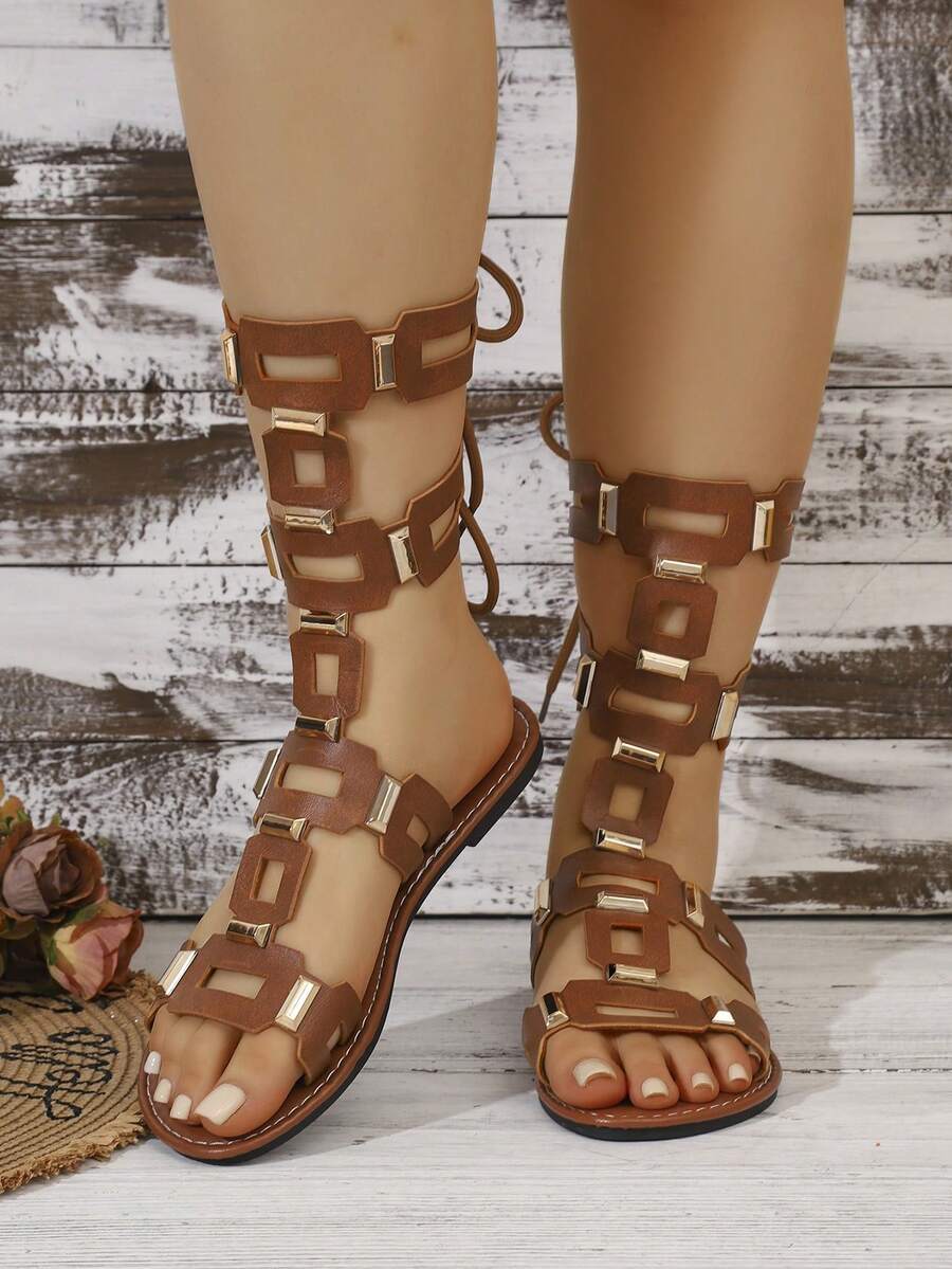 Women's Summer New High-Top Open Toe Lace-Up Design Hollow Out Rivet Inlaid Comfortable Fashion Casual Roman Style Sandals,Beach Shoes