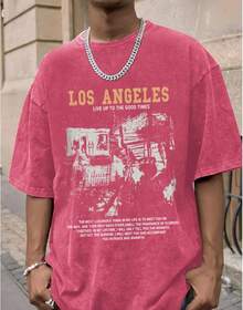 Oversized Graphic Tshirts For Men Acid Wash Los Angeles Vintage Tees Streetwear Baggy Cotton Shirts Casual Topssummer Outfits For Women - 銹紅色 - 查看 3