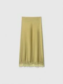 Solid Color Minimalist Design Summer Skirt, Silk-Like Lace Trim Midi Skirt Spring - Light Green - View 2