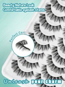 假睫毛 10对 仿貂毛假睫毛 16mm 纤细睫毛 3D 蓬松猫眼假睫毛套装 浓密批发条状假睫毛 - 黑色 - 查看 6