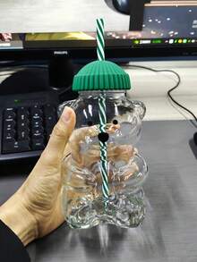 2pcs/Set (1 Glass Cup + 1 Straw) Cute Bear Glass Cup With Straw - Reusable, Suitable For Iced Coffee, Tea, Juice Etc. - Hand Wash Only, Beverage Container | Interesting Design - Pink - View 11