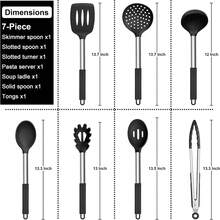 7pcs Silicone Cookware Set, Heat Resistant Kitchen Utensils With Stainless Steel Handles, Including Slotted Turner, Spoon, Ladle, Pasta Maker, Skimmer, And Non-Stick Pan Tongs, Black - Black - View 5