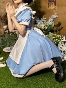Women's Fantasy Blue And White Maid Dress With Peter Pan Collar And Ruffled Short Sleeves For Cosplay Spring - Baby Blue - View 4