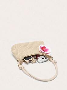 1pc Girls' Underarm Woven Baguette Bag, Lightweight & Casual Fashionable, Suitable For Beach Vacation Style, With Butterfly Decor Pendant, Suitable For Shopping And Holiday - Apricot 1 - View 4