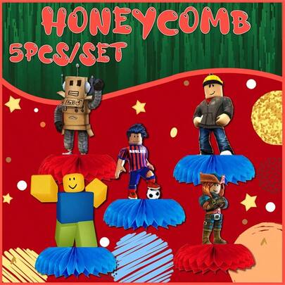 Roblox 5件装纸质蜂窝游戏主题装饰品，游戏主题生日房间装饰，桌面摆件