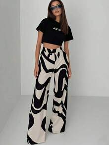 Pantalones de pierna ancha con patrón geométrico en blanco y negro, adecuados para verano, otoño y primavera - negro - Ver 2