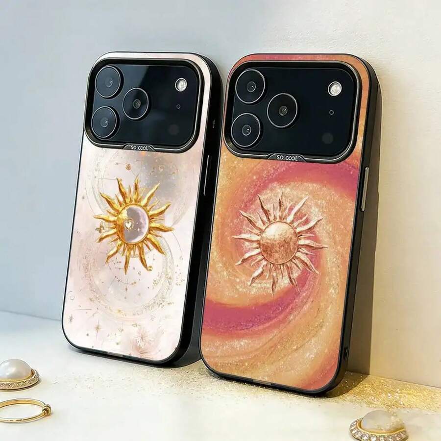 Funda para Teléfono con Diseño de Sol y Luna Dorados para iPhone 17, 16, 15, 14, 13, 12, 11, Pro, MAX, Blanca Mate, Resistente a Golpes - Amarillo - Ver 1