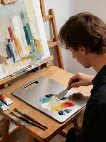 1 pieza Paleta extra grande de acero inoxidable, suministro de arte portátil, bandeja de pintura fácil de limpiar y duradera, adecuada para artistas, estudiantes y principiantes, ideal para uso en el hogar, la escuela y el estudio de arte - Versión actualizada - Ver 3