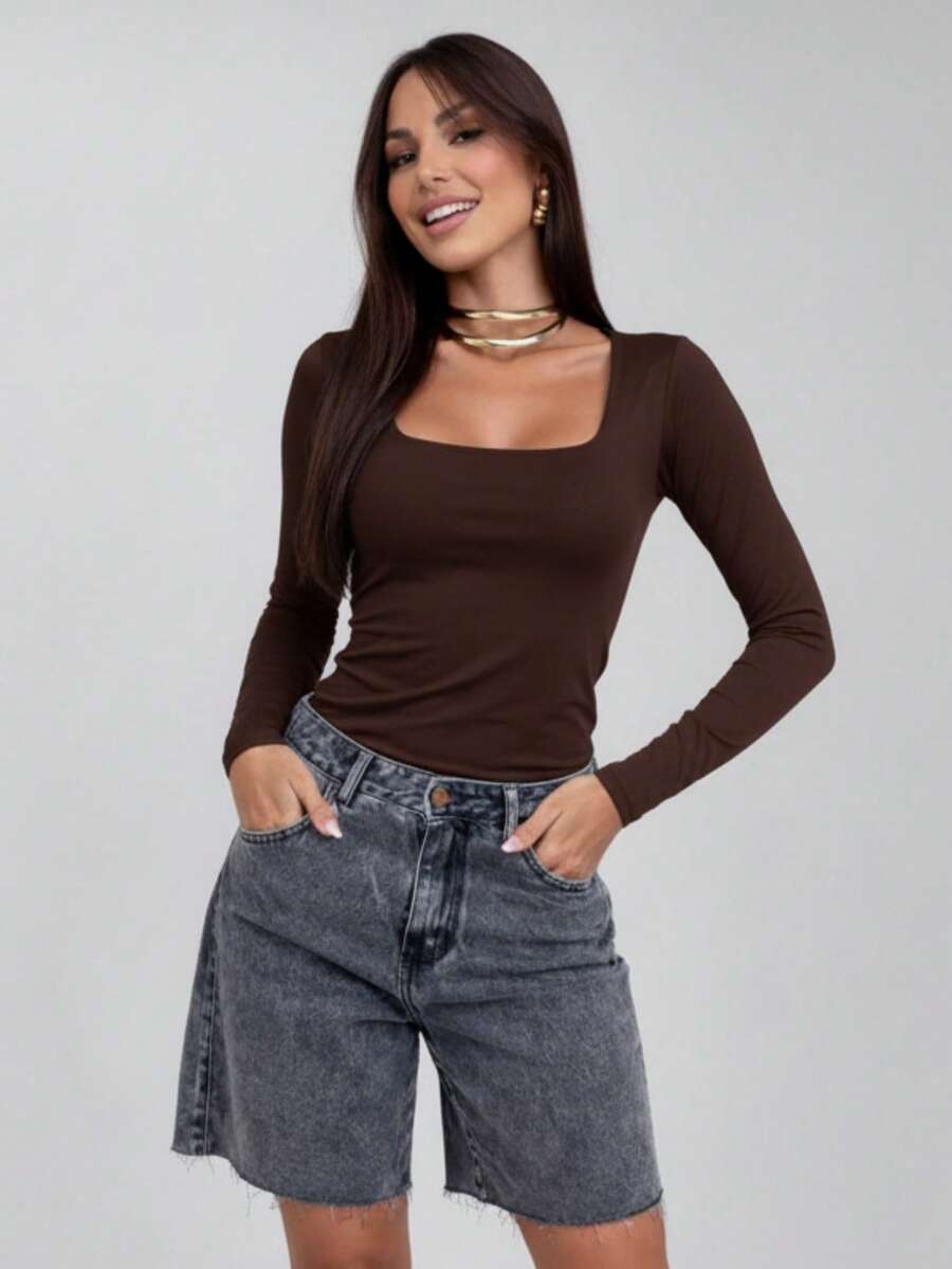 Set Of 3 Women's Second Skin Baby Look Blouses, Long Sleeve, Square Neck, Basic Shaping, Soft Supplex Fabric, Lined, Elastic, Premium Casual Fashion, Versatile, - 咖啡棕 - 查看 1