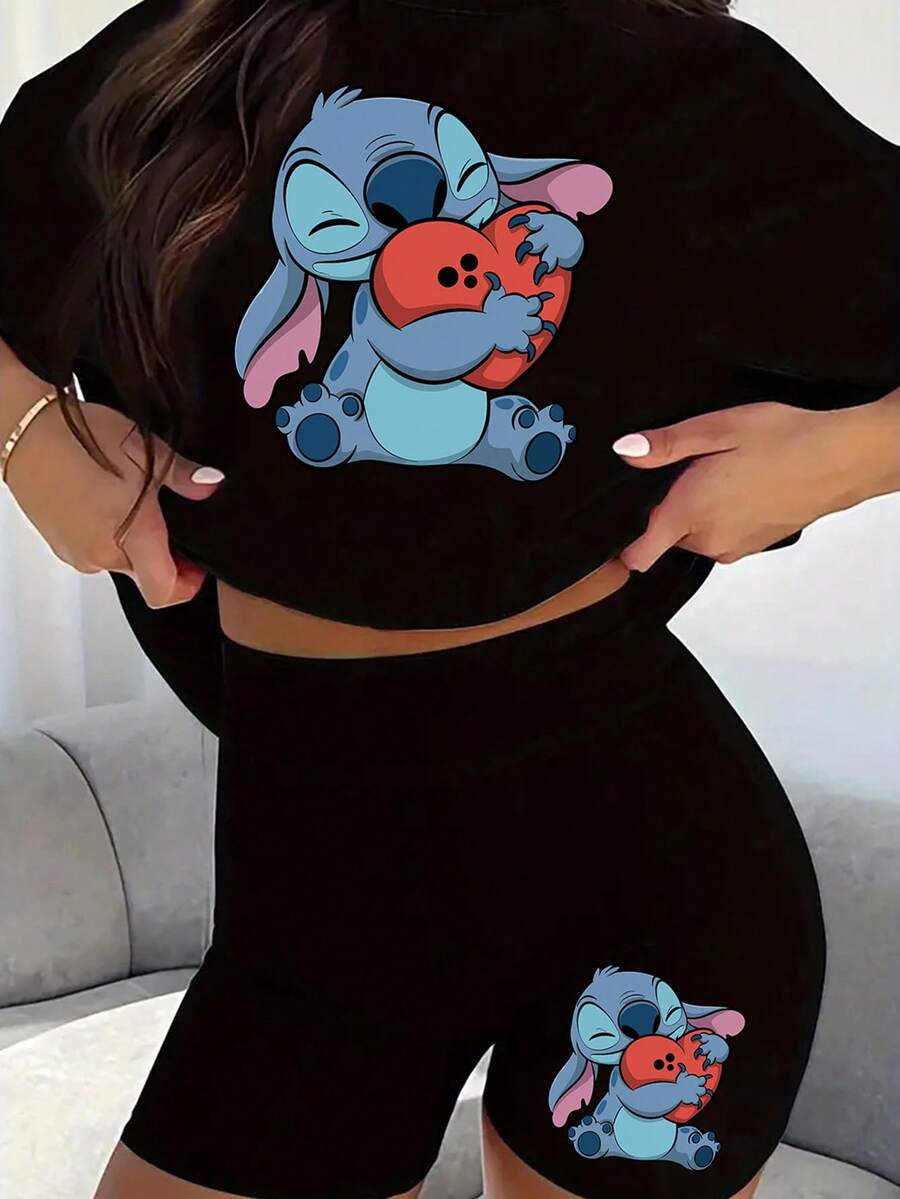 Disney Authorized Two-Piece Suit, Casual Round Neck And Short Sleeves, Showing The Stitches In "Lilo & Stitch". Disney's Genuine Authorized Theme T-Shirt Suit Is Very Suitable For Everyday Wear Or As A Gift. - màu đen - Xem 1