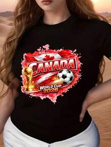 Plus Size T-Shirt Canada World Cup 2026 Design With Canadian Flag Soccer Ball And Trophy Graphic Print For Sports Events Fan Gatherings And Casual Wear,Women's T-Shirt, 2026 World Cup T-Shirt, Graphic Print T-Shirt, Low-Stretch Pure Cotton Fabric, Comfortable To Wear, Short-Sleeved Top, Everyday Outdoor Casual T-Shirt, Team T-Shirt, The Best Choice For World Cup Gifts (S-5XL). - màu đen - Xem 1