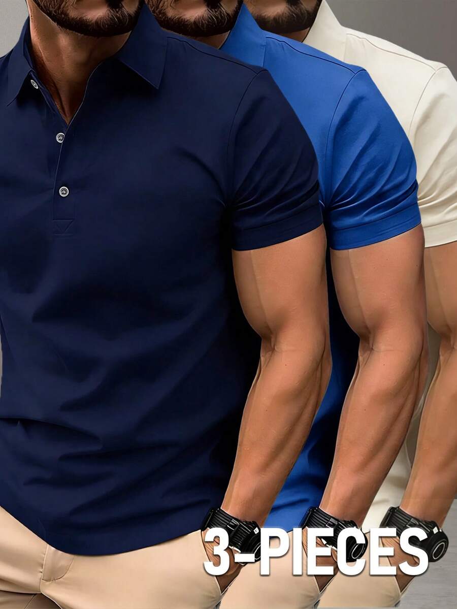 Set de 3 camisas polo de verano versátiles y de moda para hombres, camisetas transpirables y cómodas de manga corta, camisas polo casuales y de negocios, camisetas deportivas de exterior que absorben la humedad - Multicolor - Ver 1