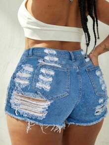 Quần short denim dáng rộng phong cách Y2K, túi hông co giãn, rách rưới, gấu quần tua rua, quần short jean mini ôm sát, denim retro cho mùa hè đi học. - Màu xanh lam - Xem 2