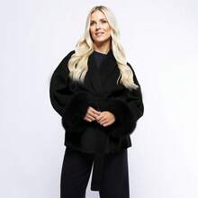 Women's Luxurious Solid Color Waist Tie Fuzzy Cuff Wrap Coat, Plush Thermal Outerwear Jacket For Fall & Winter - 黑色 - 查看 6