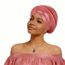 Shimmer African Head Wraps Solid Color Multi-Layer Church Turban For Women Stretch Hat - Pink - View 4