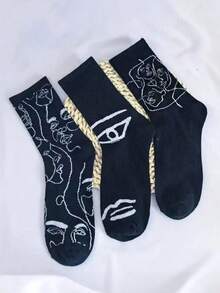 3 Pairs Women's Mid-Calf Socks, Beige Abstract Human Figure Minimalist Design, Suitable For Everyday Wear - Multicolor - View 6